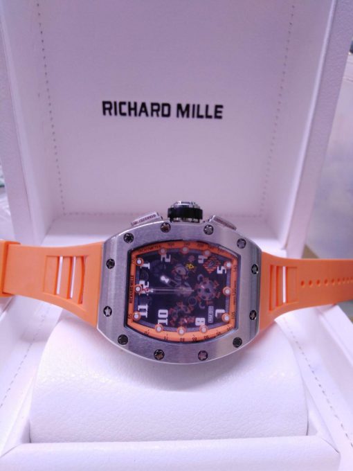 Richard Mille 10 correa caucho naranja, caja de acero, esfera negra, chronografo