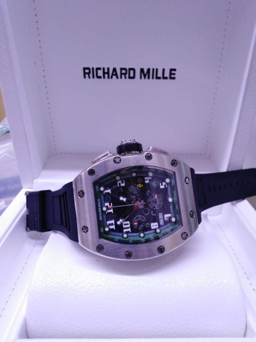 Richard Mille 11, esfera negra, caja de acero, correa de cauco negro, chronograph